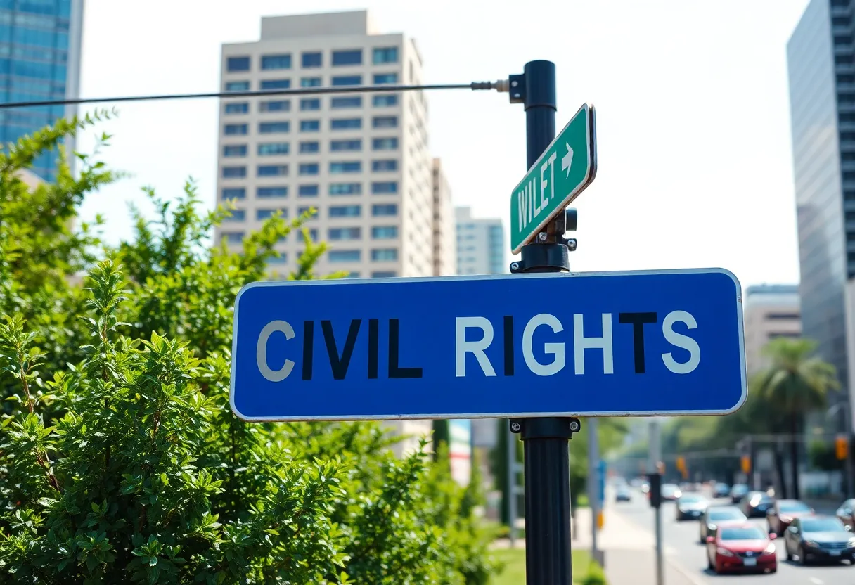 Street sign for Rev. James Lawson Avenue surrounded by city buildings