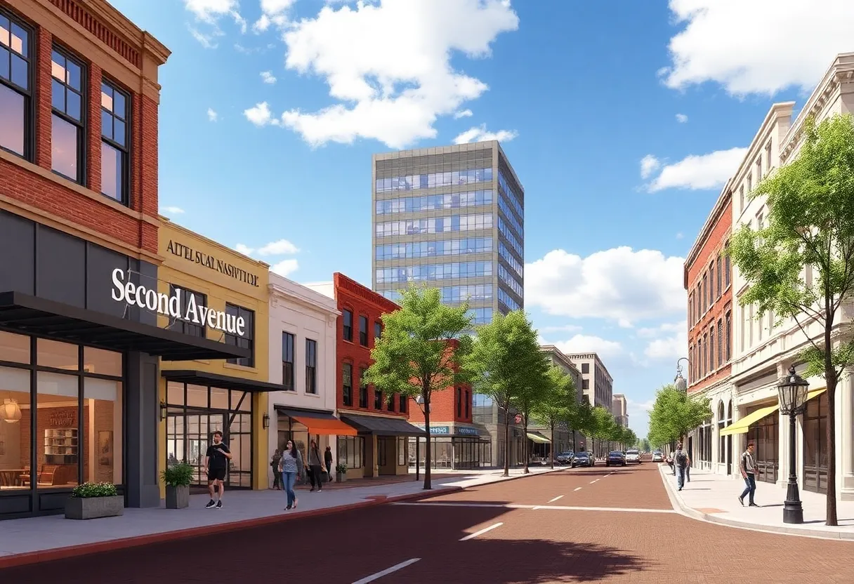 A vibrant view of the revitalized Second Avenue in Nashville with new shops and sidewalks.