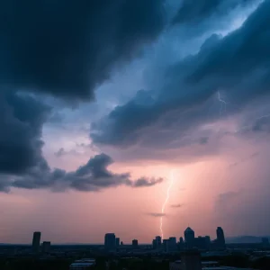 Storm clouds gathering over Nashville city skyline