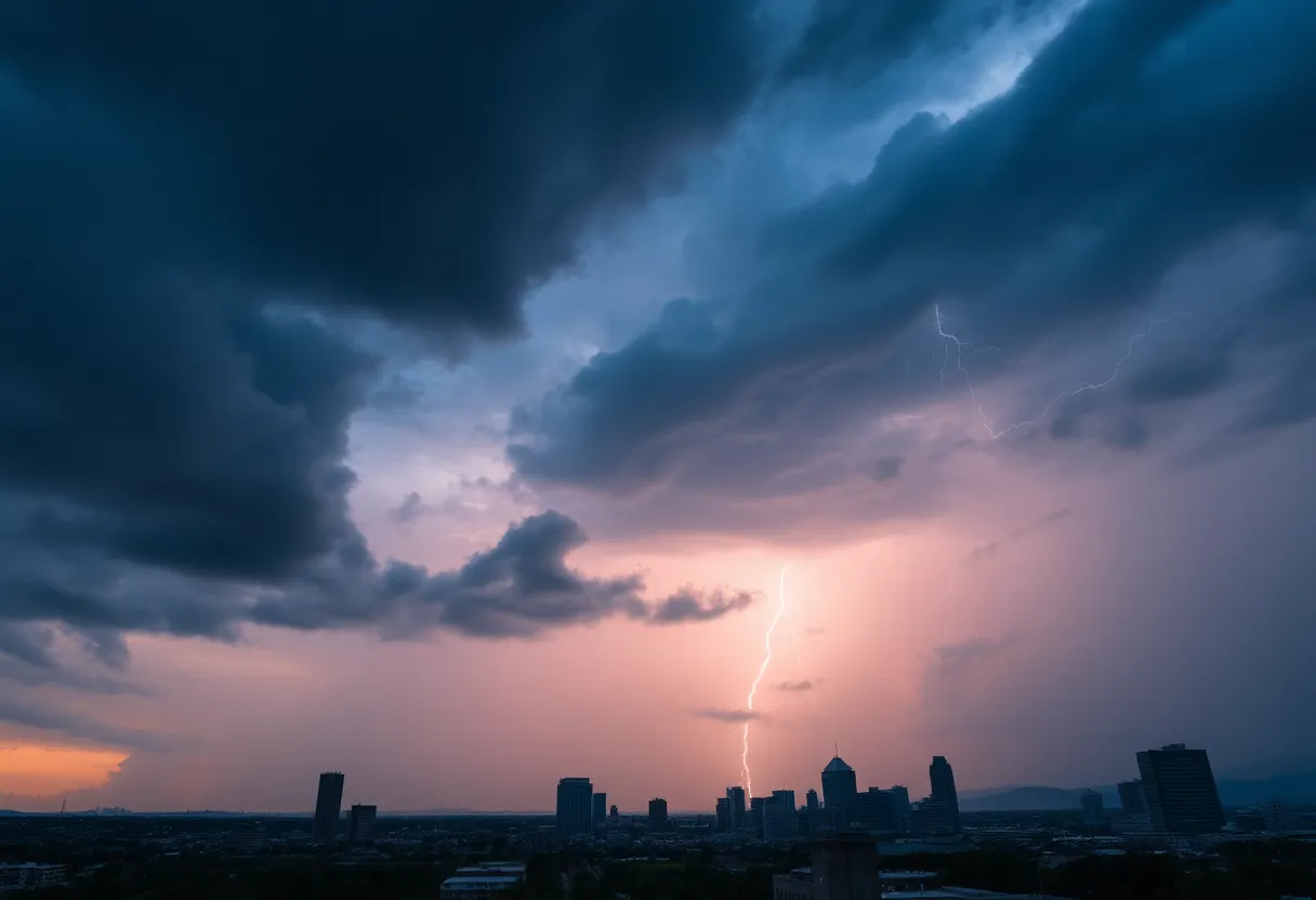 Storm clouds gathering over Nashville city skyline