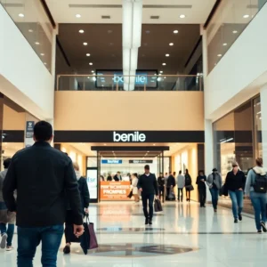 Interior of a shopping mall showcasing a department store entrance.
