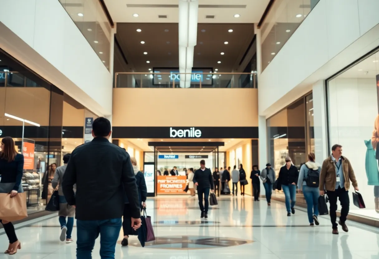 Interior of a shopping mall showcasing a department store entrance.