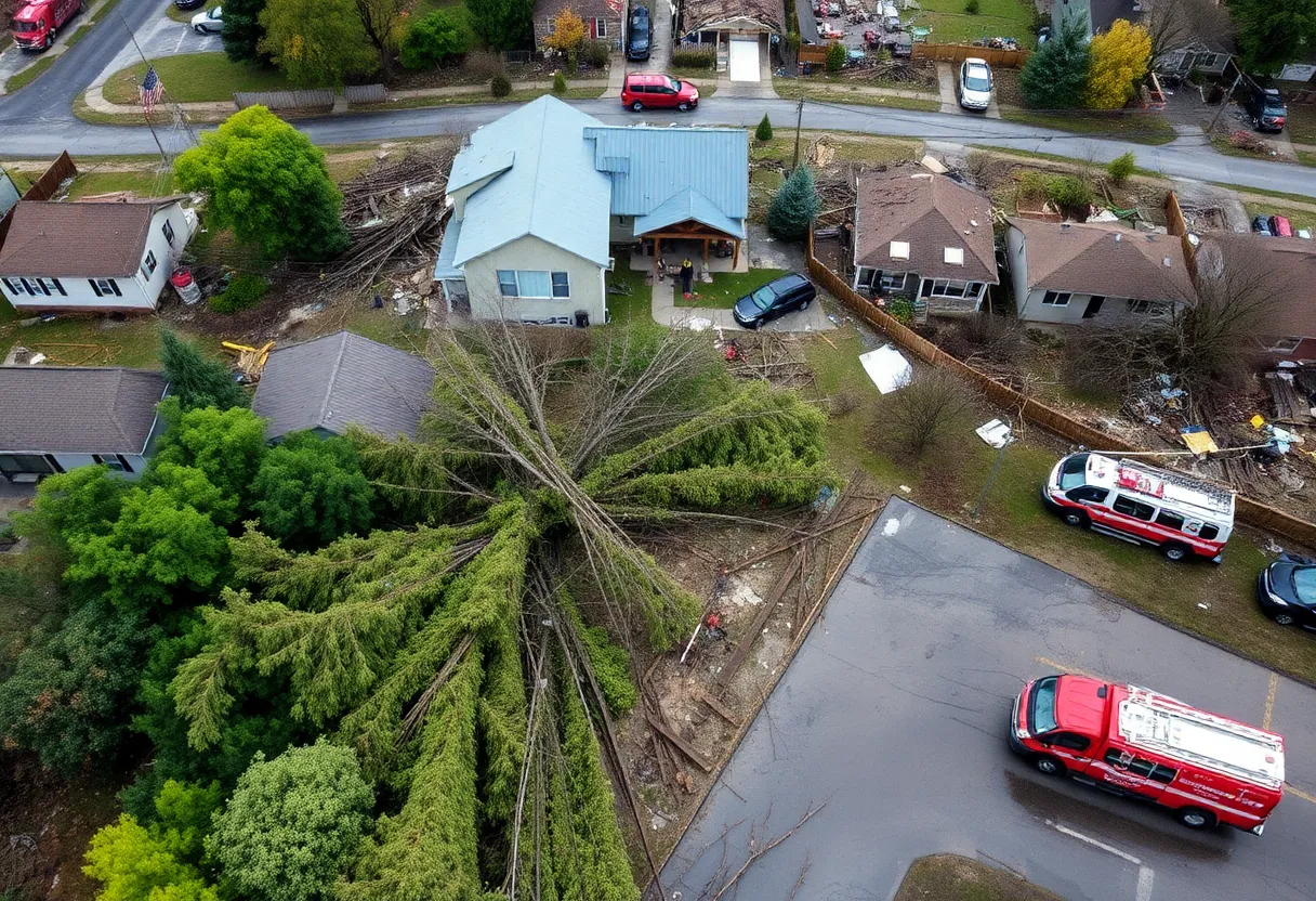 Aerial view of storm damage in Middle Tennessee with fallen trees and debris.