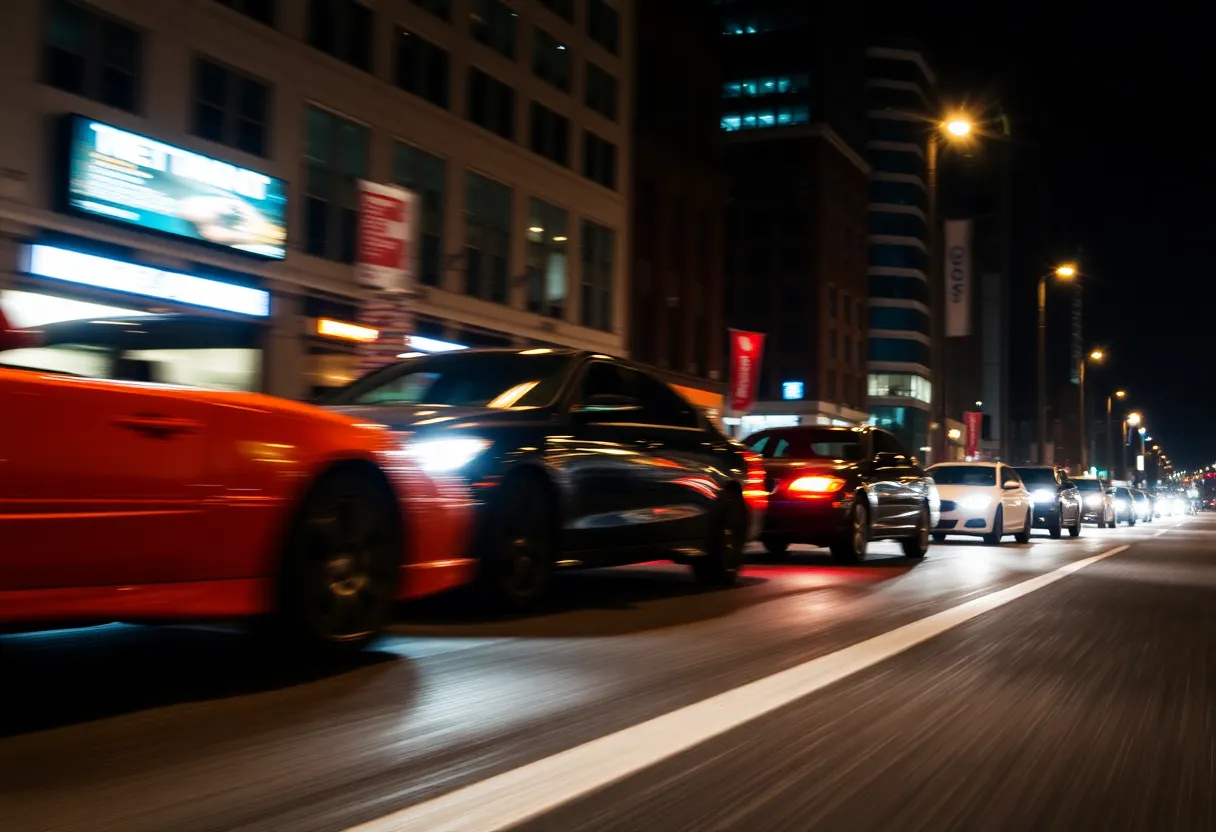 Blurred cars racing at night in Nashville