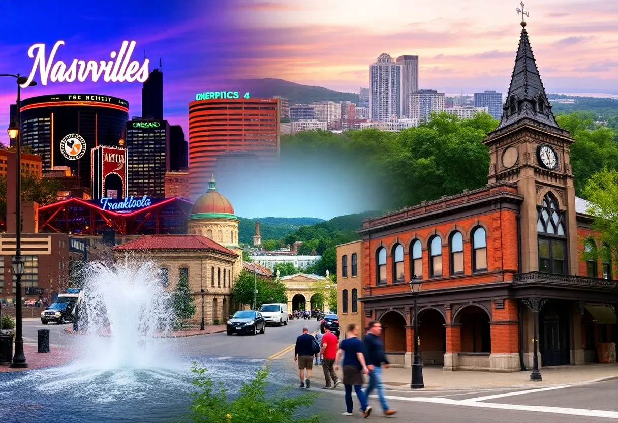 Collage of Nashville, Chattanooga, and Franklin representing best cities in Tennessee.