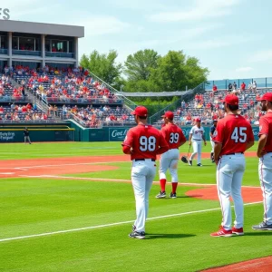 Vanderbilt baseball team practicing on the field with vibrant atmosphere.