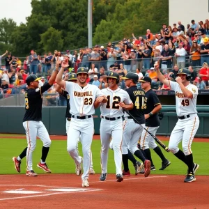 Vanderbilt University baseball team celebrating a sweep victory