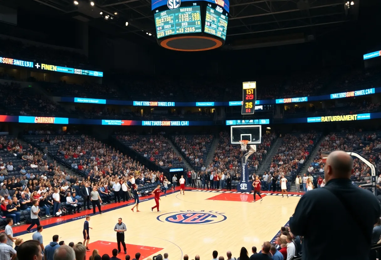 Vanderbilt basketball team during an intense SEC tournament game