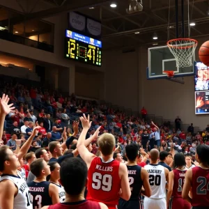 Vibrant college basketball game between Vanderbilt and Missouri with fans cheering.