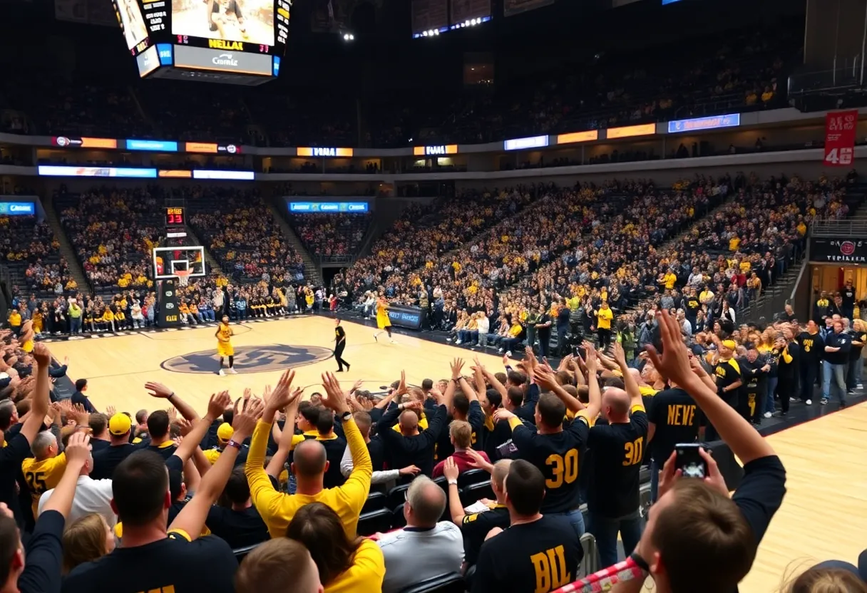 Fans cheering in the stands at a basketball game