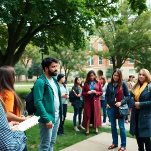 A diverse group of students on Vanderbilt University campus discussing social justice issues.