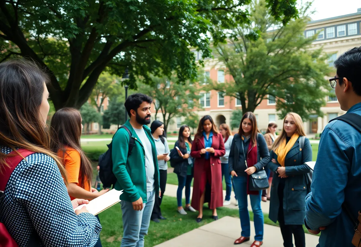 A diverse group of students on Vanderbilt University campus discussing social justice issues.