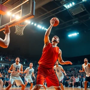 Basketball players in action during NCAA Tournament game