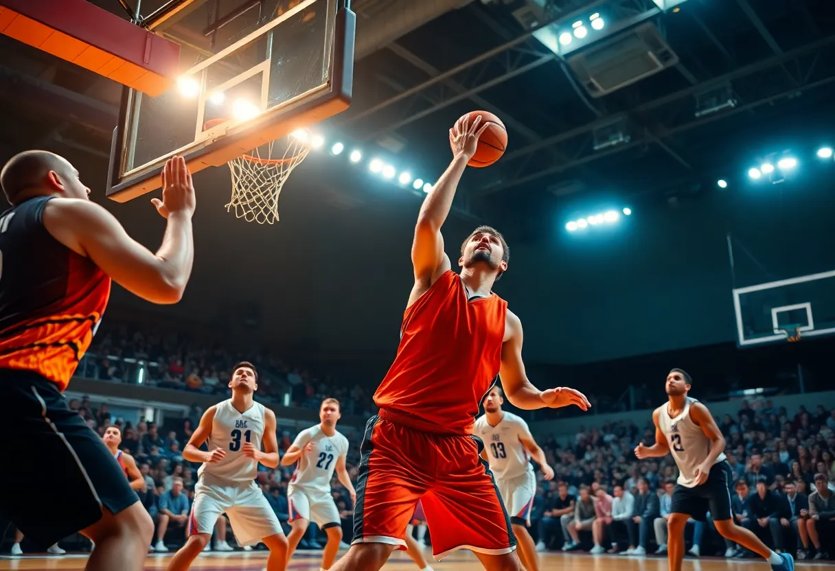 Basketball players in action during NCAA Tournament game
