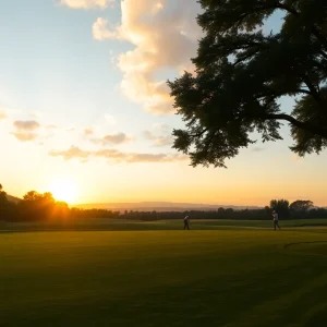 Sunset view of a golf course with players