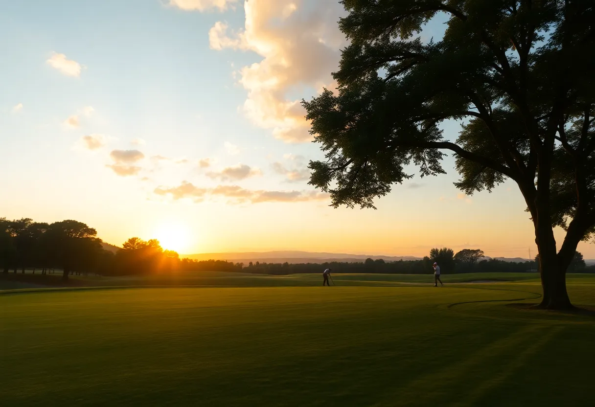 Sunset view of a golf course with players