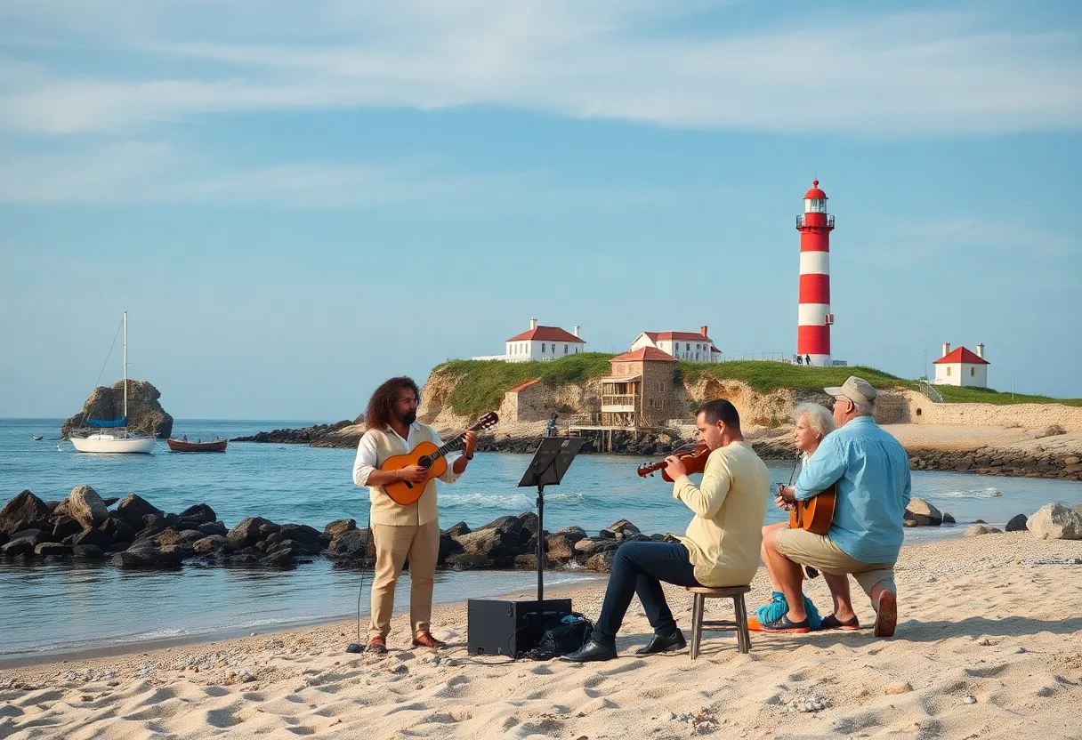A charming coastal scene depicting musicians on Wallis Island