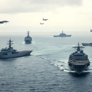 Military exercises conducted by China near Taiwan showcasing navy and air force activities.