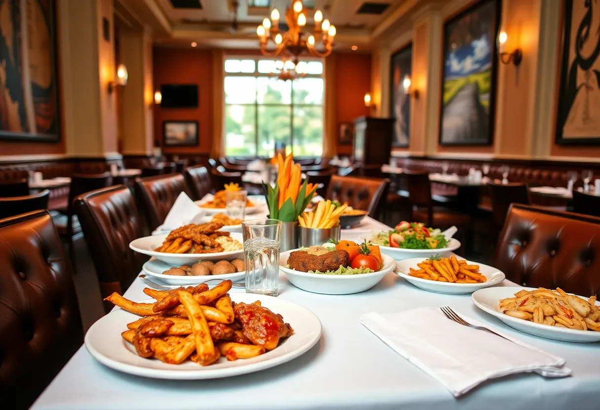 A beautifully arranged table featuring a variety of traditional Southern dishes from Nashville.