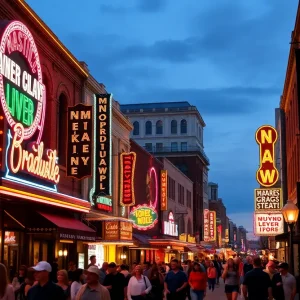 Crowd enjoying live music on Lower Broadway, Nashville at night