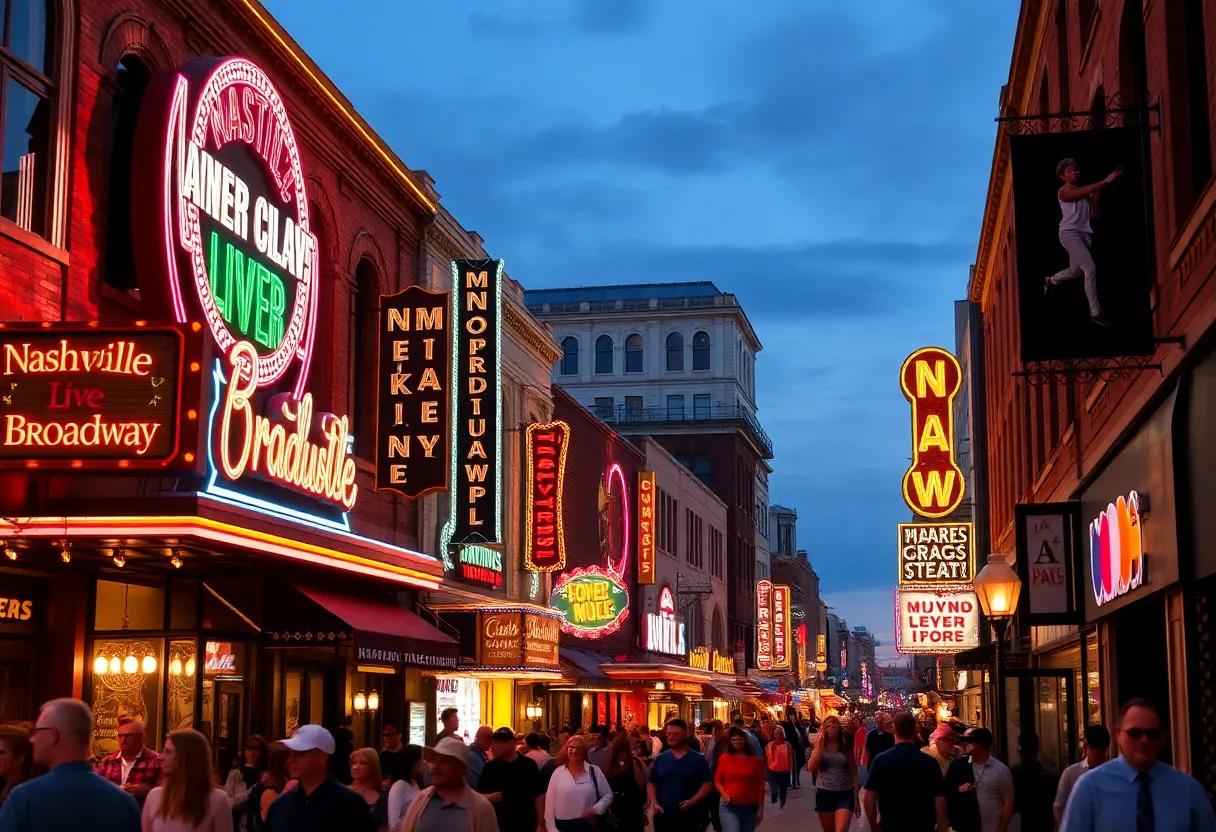 Crowd enjoying live music on Lower Broadway, Nashville at night
