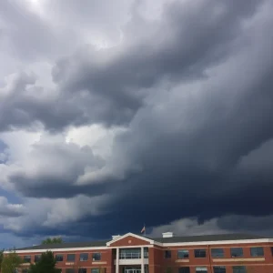 Dark storm clouds over a school building in Nashville, Tennessee.