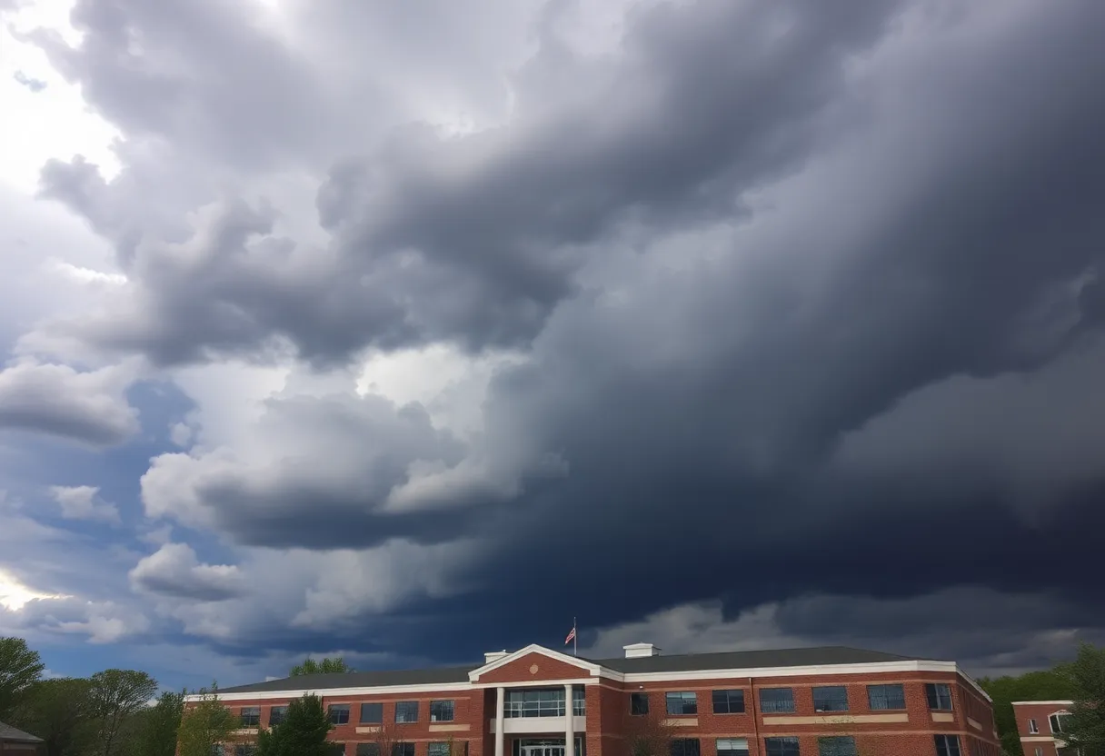 Dark storm clouds over a school building in Nashville, Tennessee.