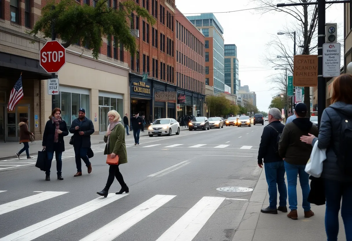 Street scene in Nashville focused on pedestrian safety awareness.