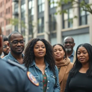 Diverse individuals in discussion about police accountability.