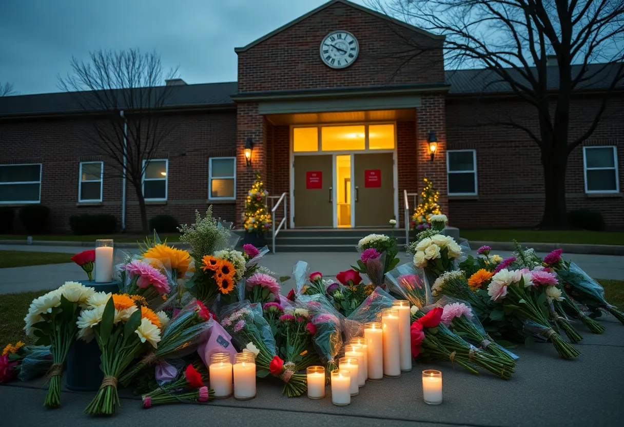Vigils and flowers outside a school in Nashville, symbolizing mourning and remembrance