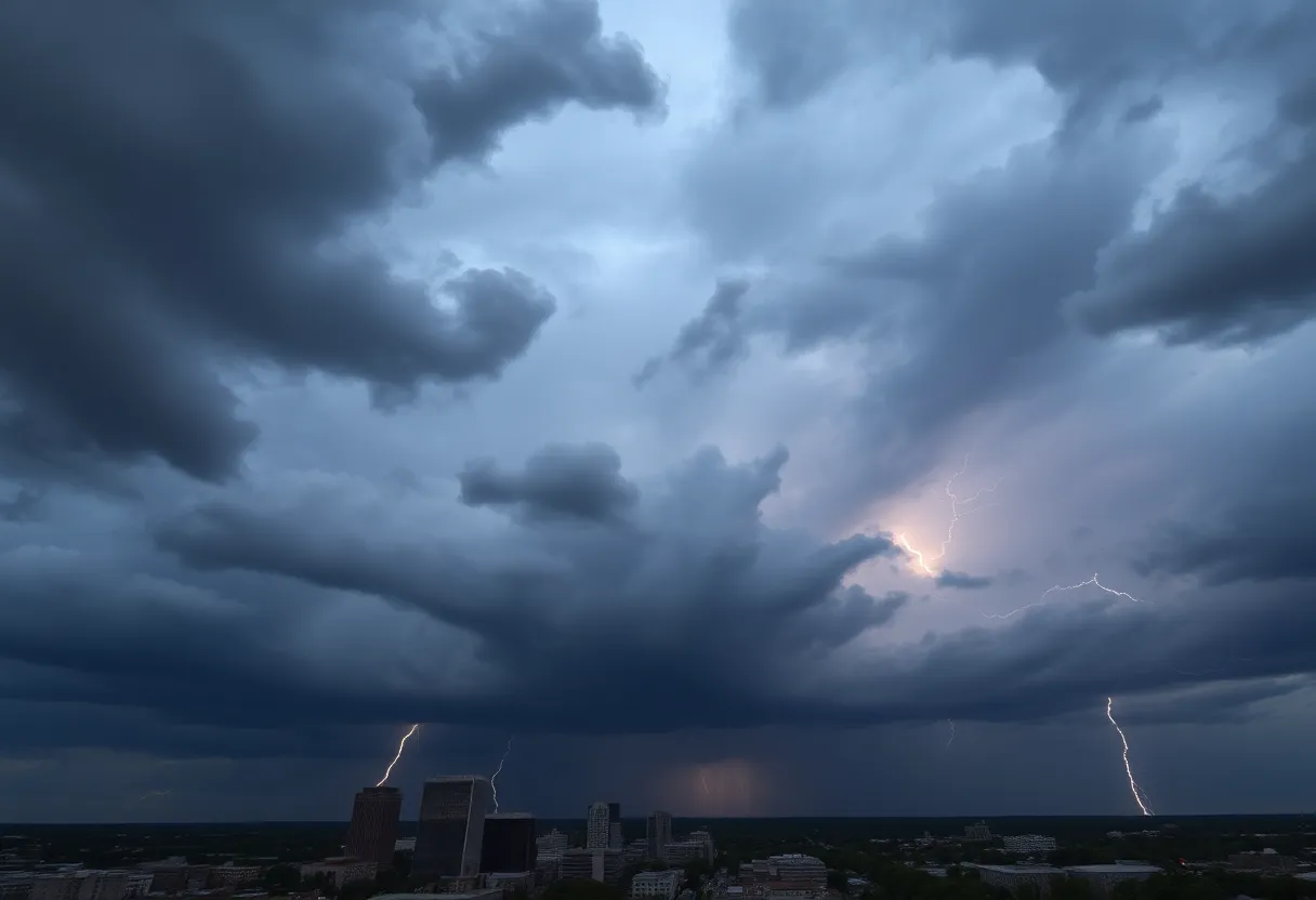 Dark clouds and lightning over Nashville city skyline