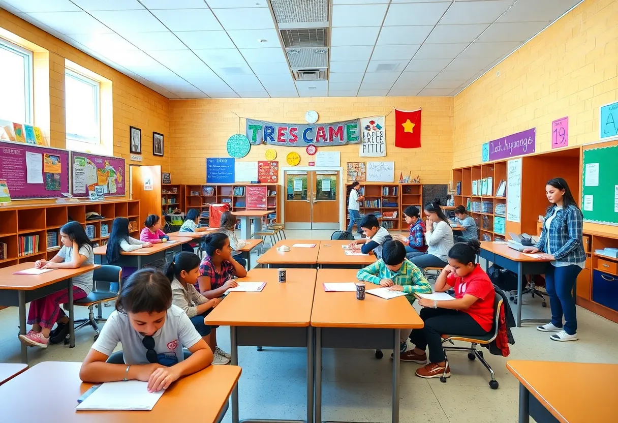 Celebration at Richard H. Dinkins Middle School showing diverse students and educational banners