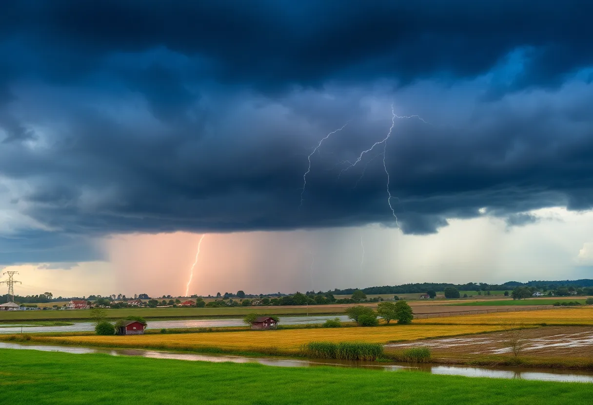 Severe weather and flooding in rural Central US landscape