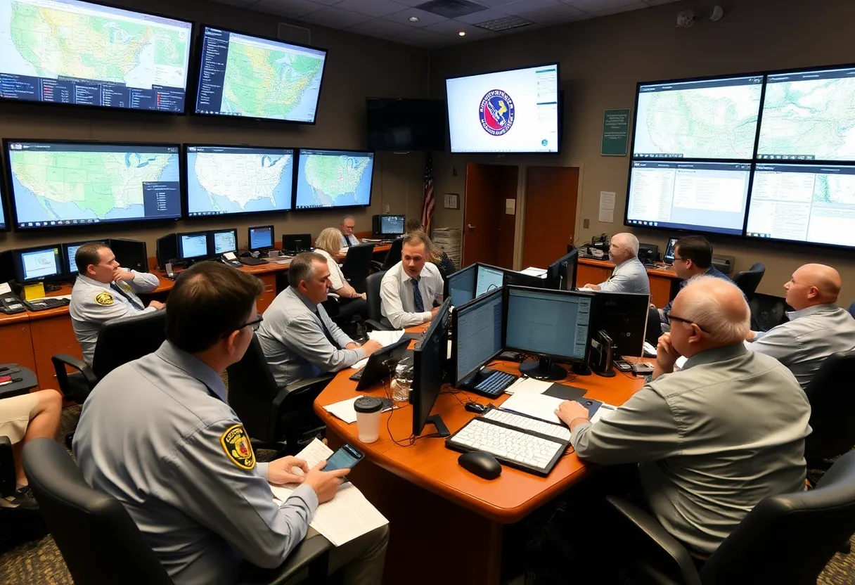 Officials at State Emergency Operations Center discussing state challenges.