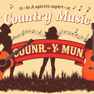 Artistic representation of country music with notes and guitars