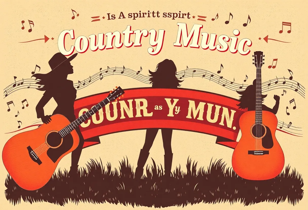 Artistic representation of country music with notes and guitars
