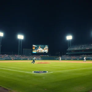 WKU Baseball team playing against Vanderbilt under stadium lights