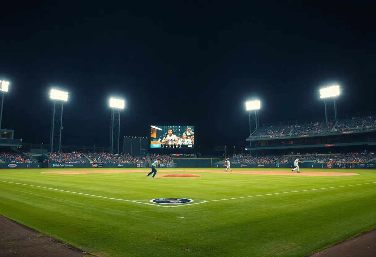 WKU Baseball team playing against Vanderbilt under stadium lights