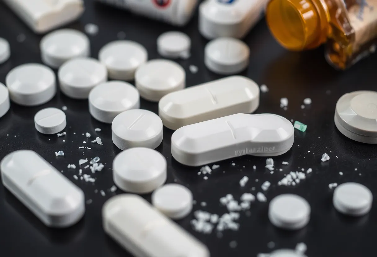 Xylazine tablets with other street drugs on a dark background
