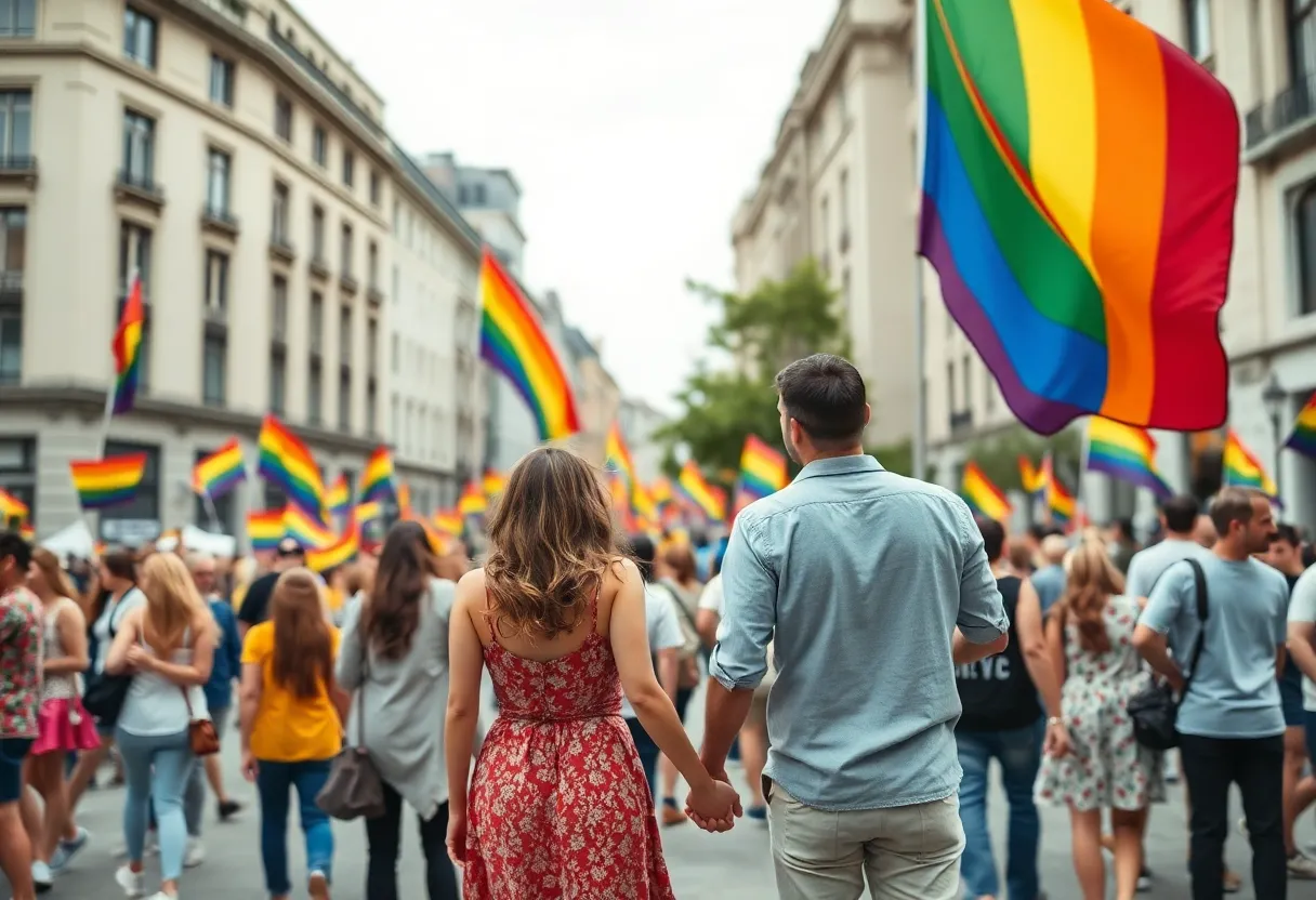 Diverse couples celebrating same-sex marriage in a city square