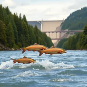 Scenic view of the Columbia River with salmon jumping