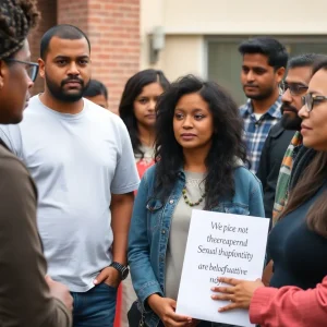 Community gathering discussing sexual exploitation awareness