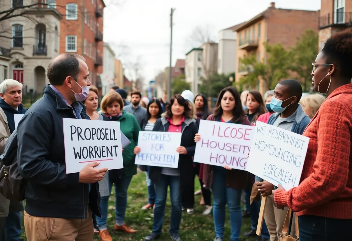 Residents discussing concerns at a community meeting about housing development