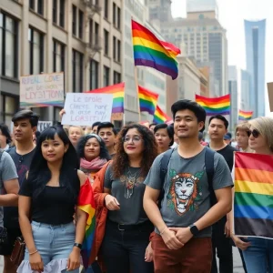 A diverse group of individuals advocating for LGBTQ rights in Nashville.