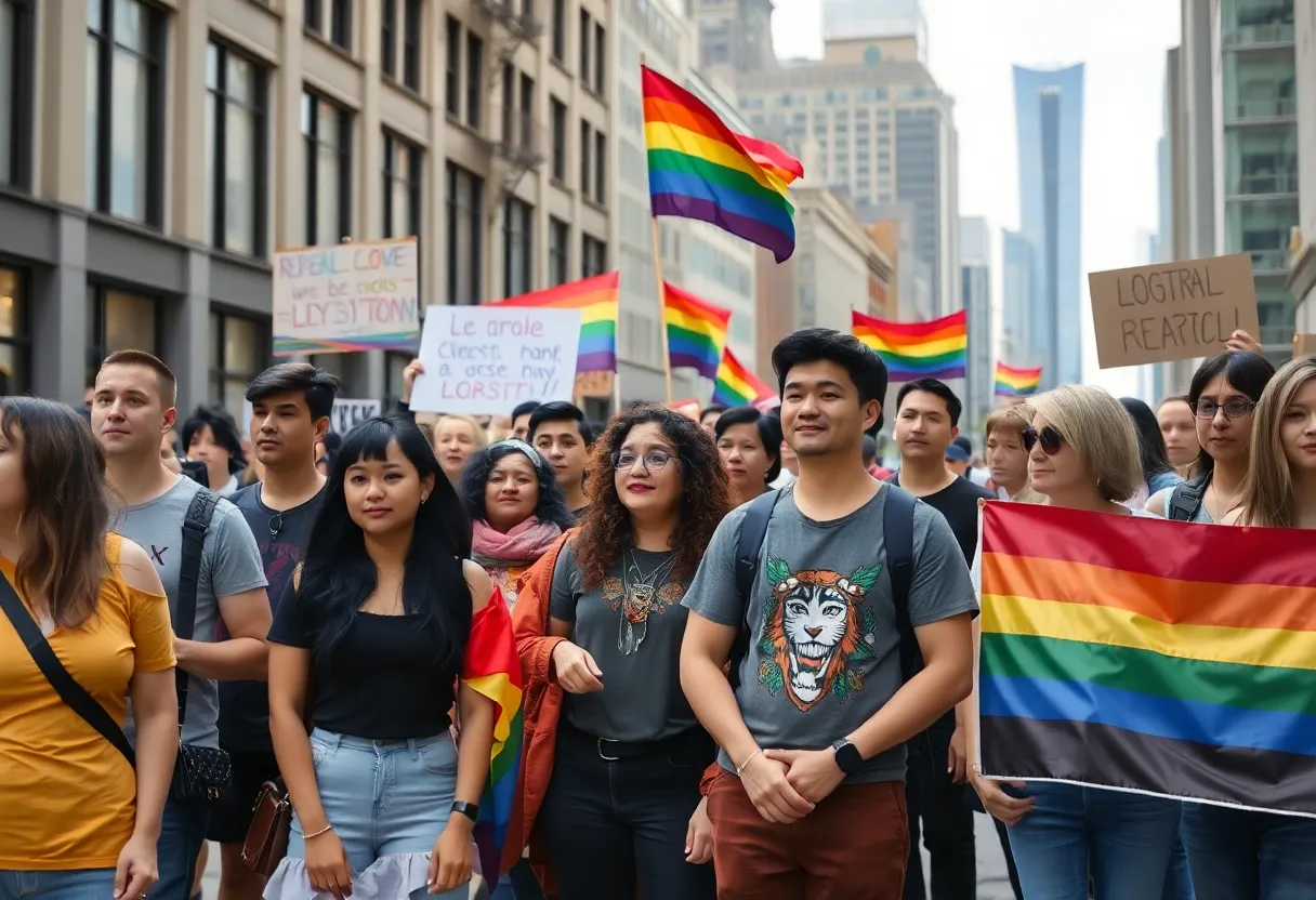 A diverse group of individuals advocating for LGBTQ rights in Nashville.