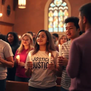 Community members gathered for a prayer vigil wearing shirts supporting justice.