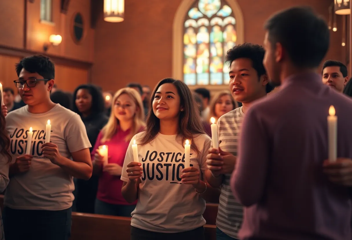 Community members gathered for a prayer vigil wearing shirts supporting justice.