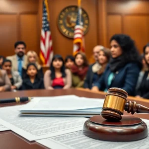 Courtroom scene depicting legal proceedings related to human smuggling.