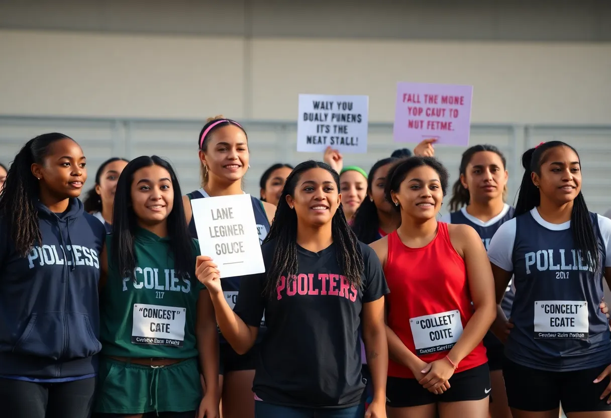Group of female athletes advocating for Title IX and gender equity in sports.