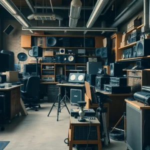 Vintage audio and video recording equipment in a workshop